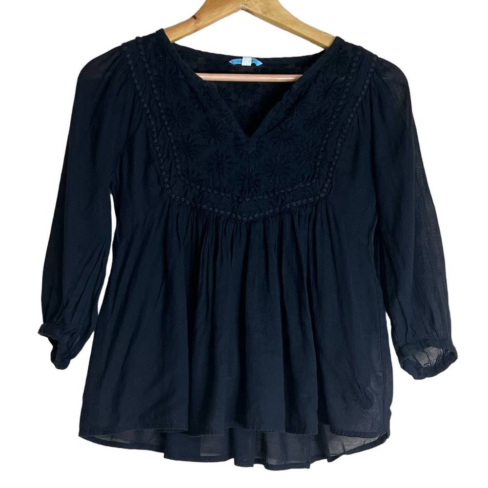 Leifnotes Anthropologie Women's 0 Black Bohemian Babydoll Top‎ Blouse